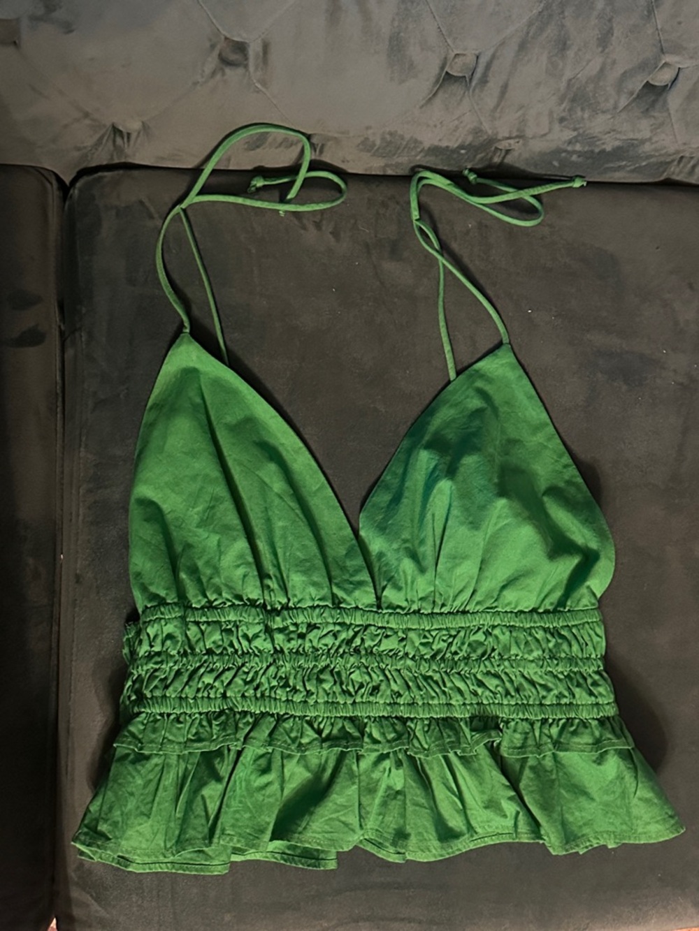 Green Smocked Ruffle Crop Top - Women's Halter